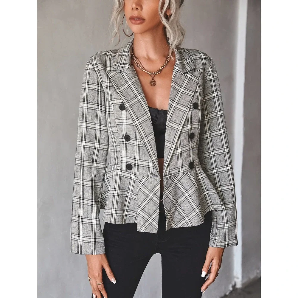 Plaid Double Breasted Peplum Blazer gray - Picture 2 of 5